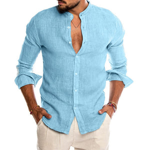 Collarless Button Up Linen Shirt