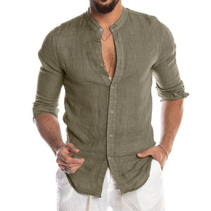Collarless Button Up Linen Shirt